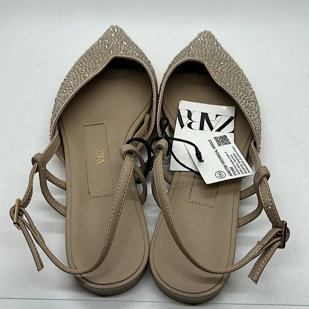 Zara NWT Tan Glittery Rhinestones Pointed Toe Flats Shoes **Size 36/US 6** 🌸🌸 - Picture 5 of 6